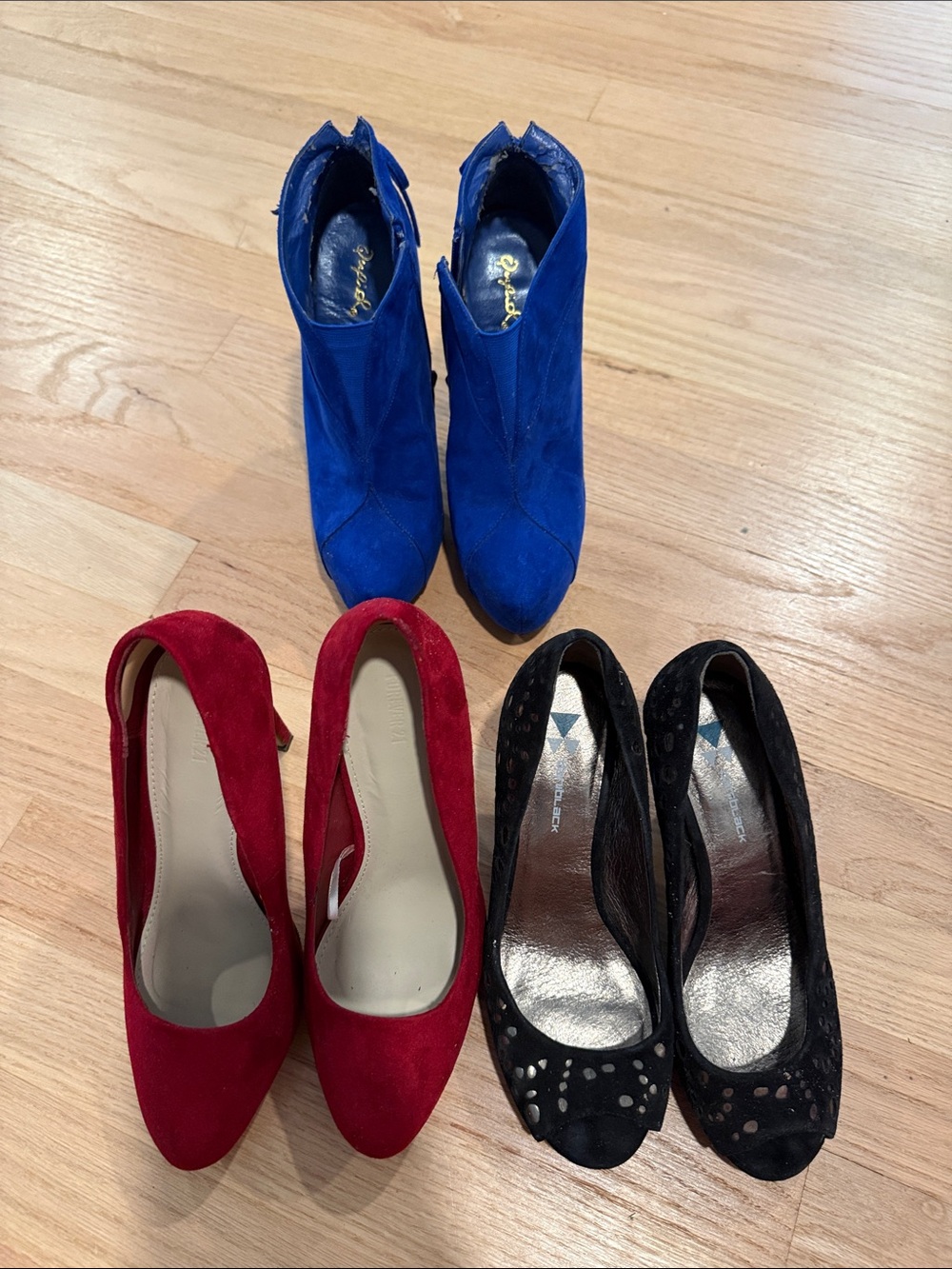 Bundle of Y2K Suede Ankle Booties and Heels blue red and black